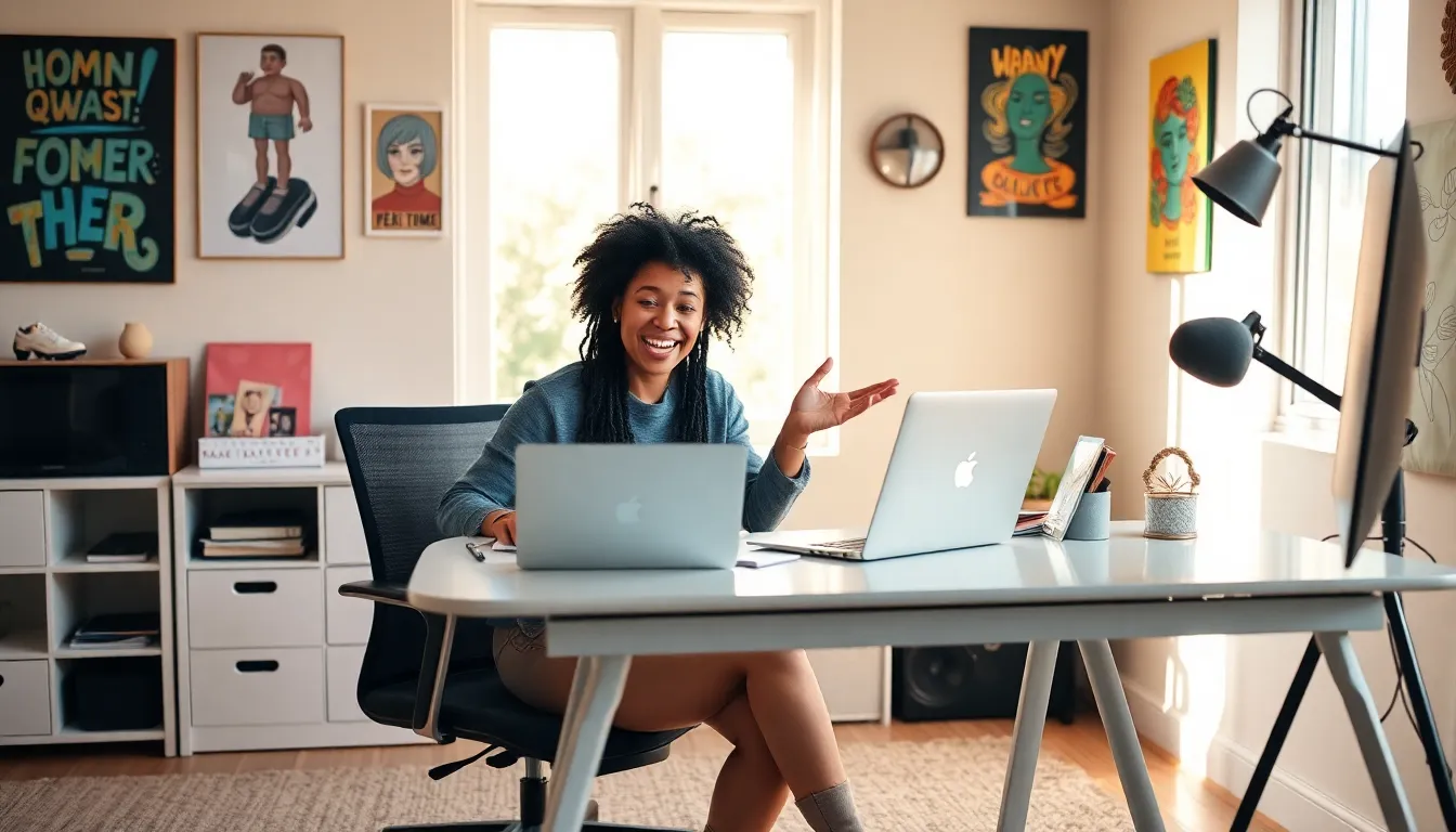 Emmyyjayy performing in a stylish home office environment.
